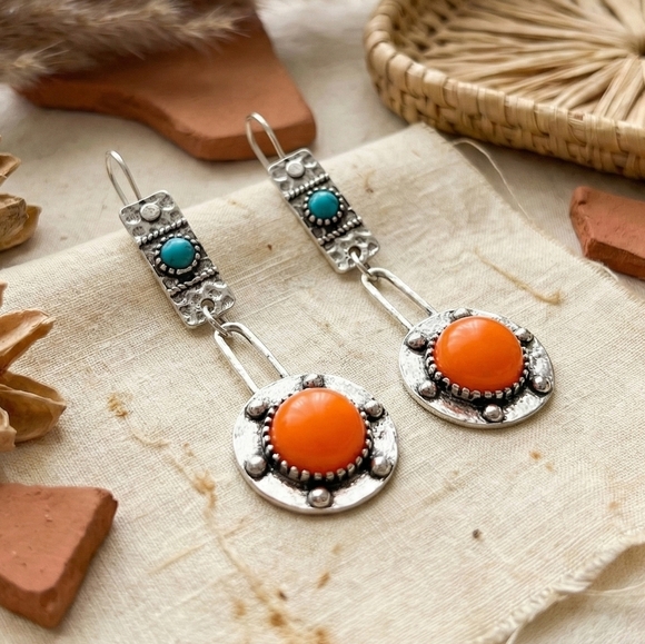 Vintage‎ Style Boho Chic Drop Trendy Spring Earrings Orange Turquoise Accents - Picture 7 of 12